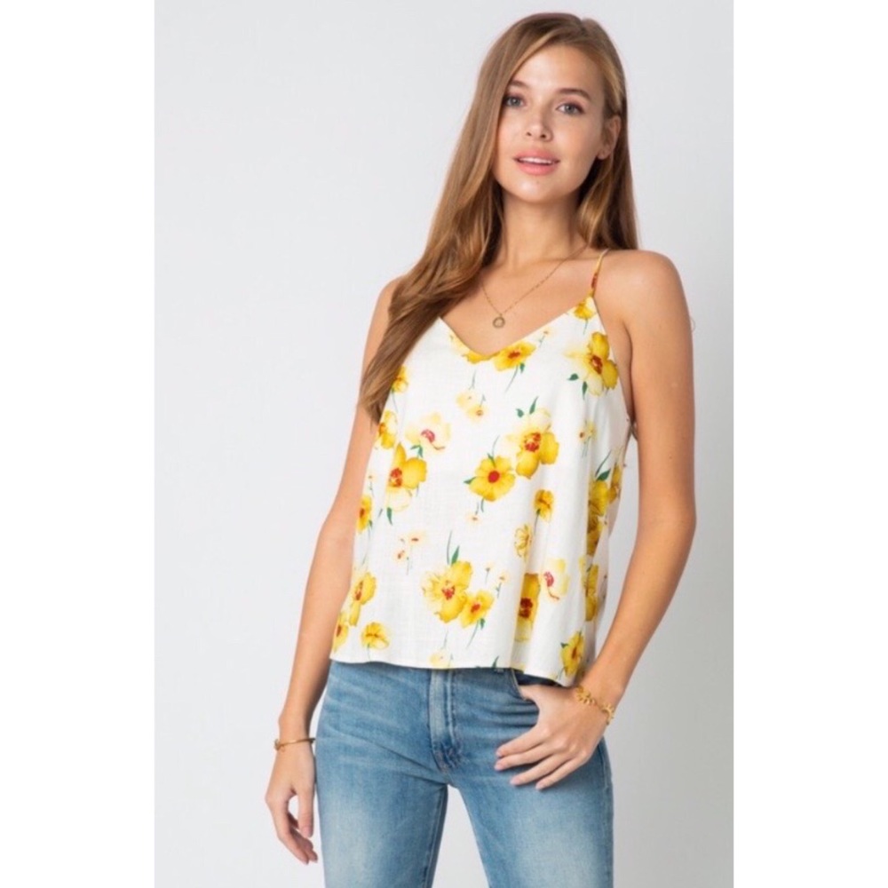 Floral Linen Racerback Tank - Off White with Yellow Flowers
